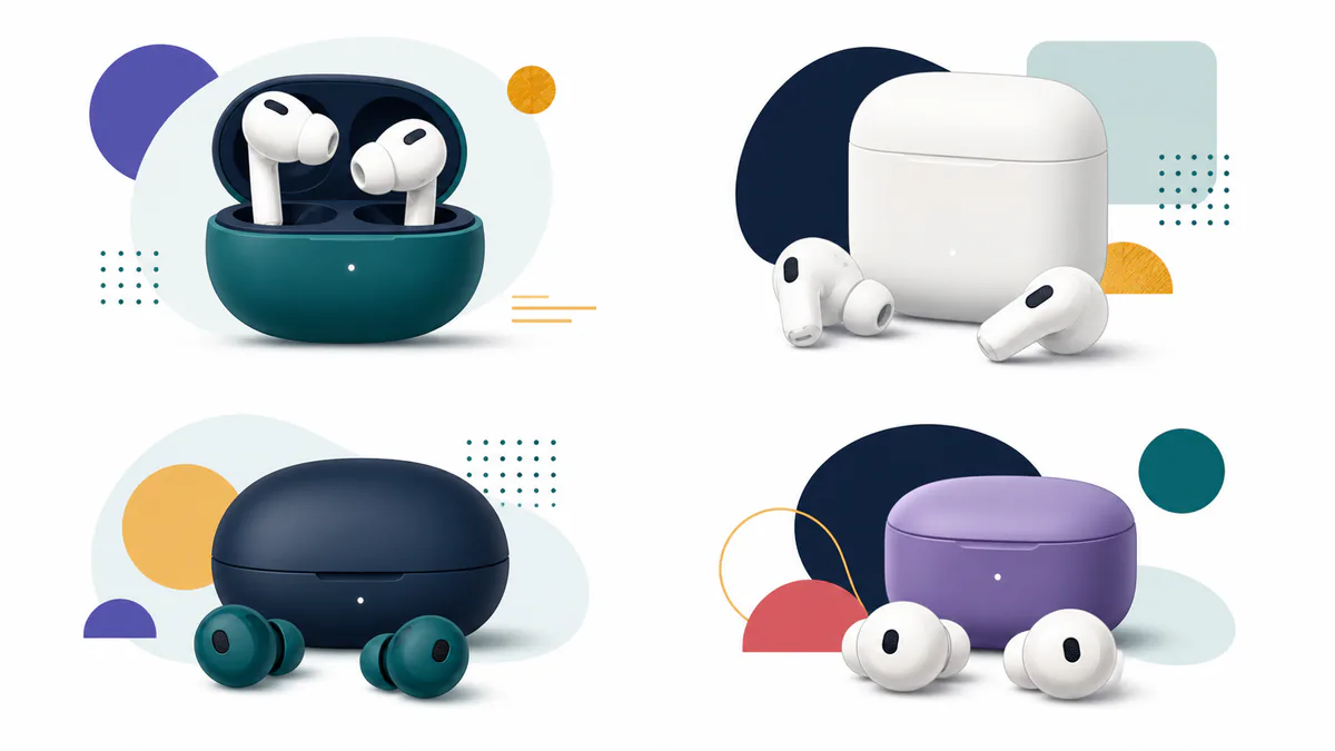 Four pairs of budget wireless earbuds arranged beside their charging cases